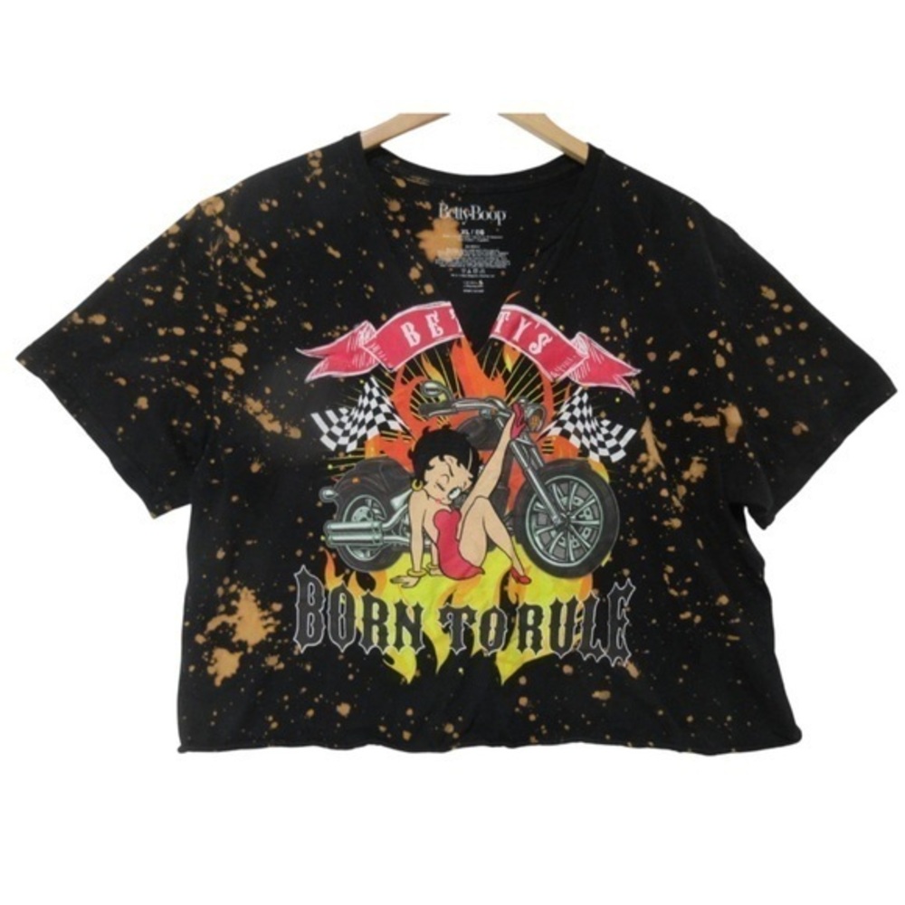 Vintage Betty Boop Born To Rule Tee Top T-shirt Cropped Black Tie Dye